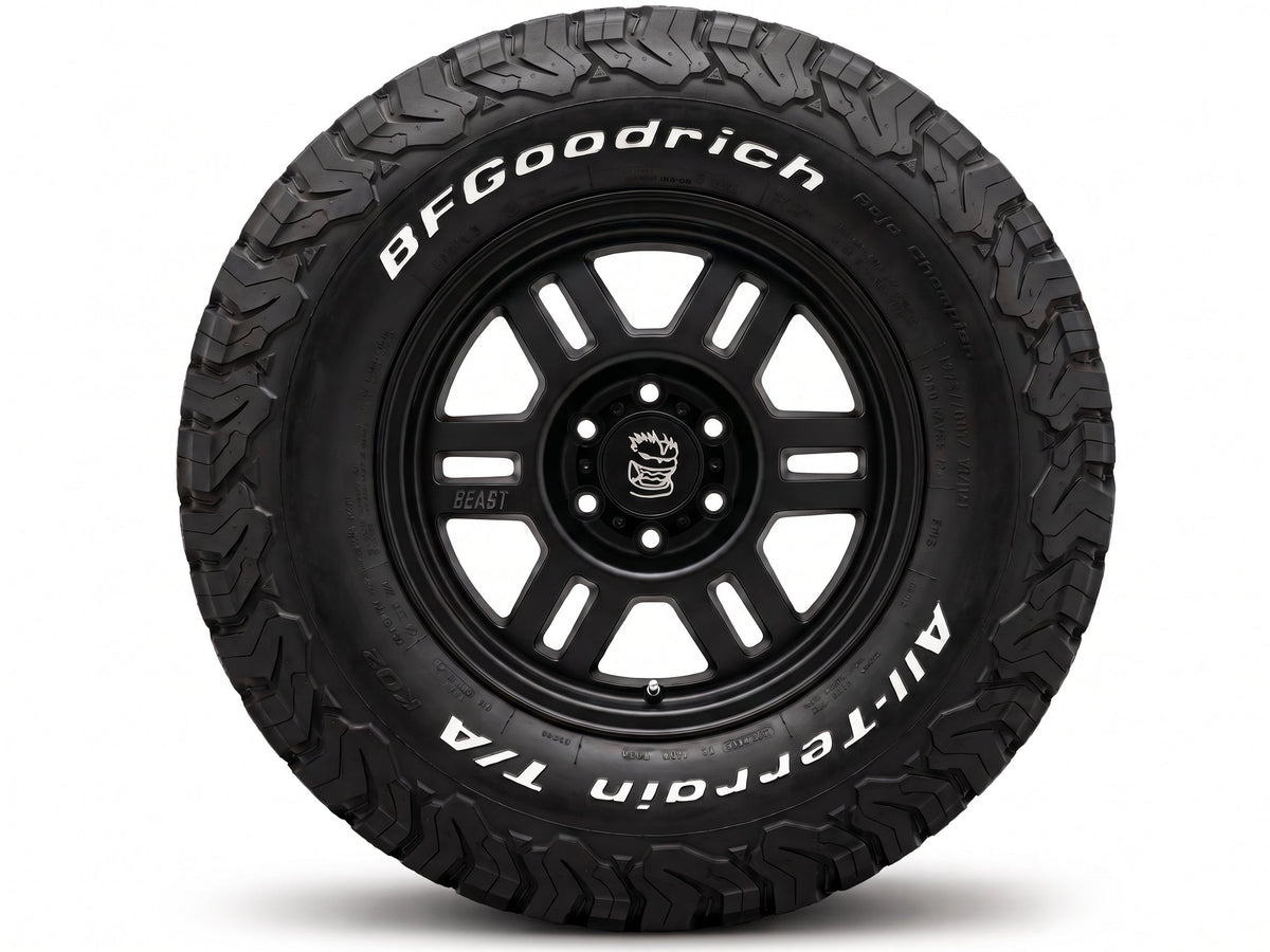 A black BFGoodrich All-Terrain T/A off-road tire mounted on a 17" Storyteller Vision Beast Wheel black multi-spoke wheel, shown against a plain white background.